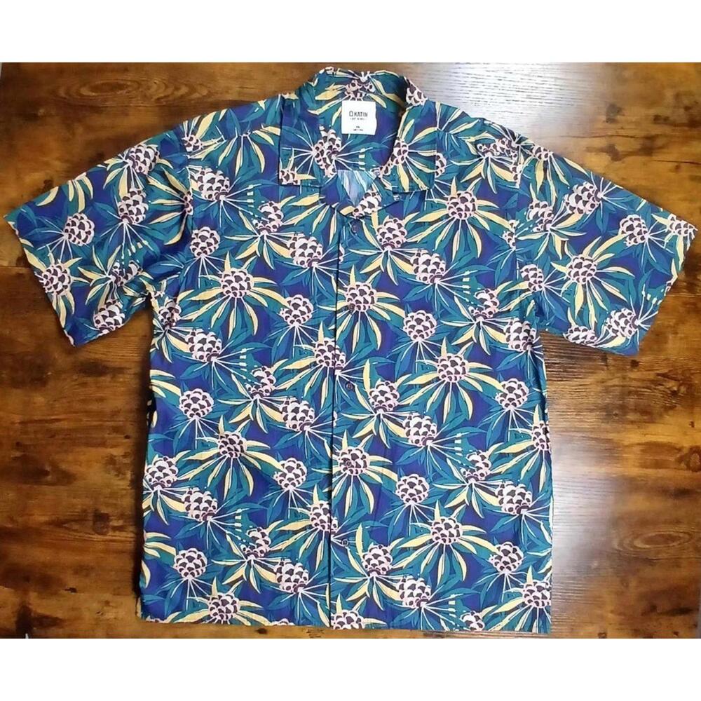 Katin‎ Shirt Men’s 2XL Blue Floral Print Button Up Short Sleeve Hawaiian Beach
